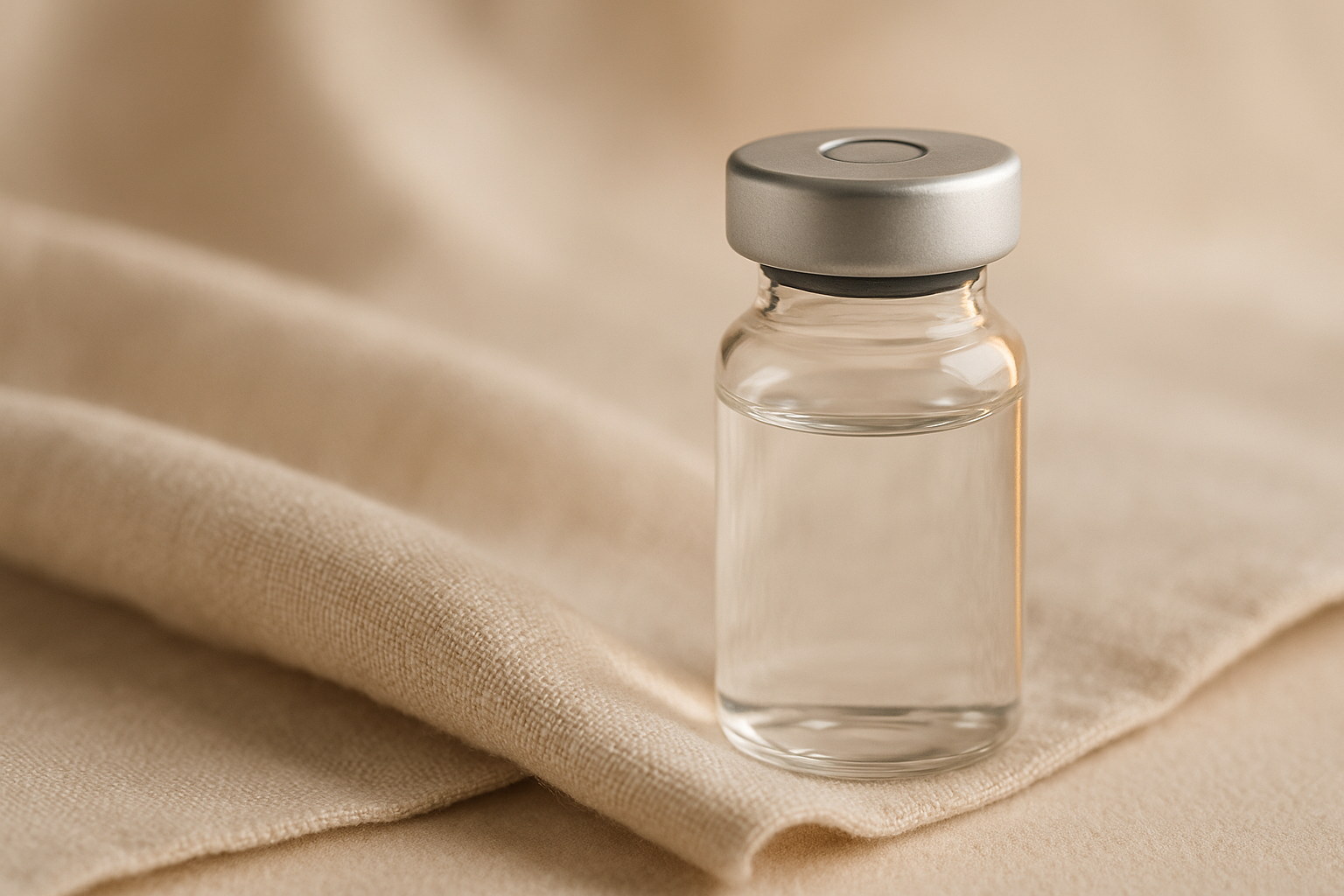 Jeuveau injectable vial on soft linen with warm gold rim light